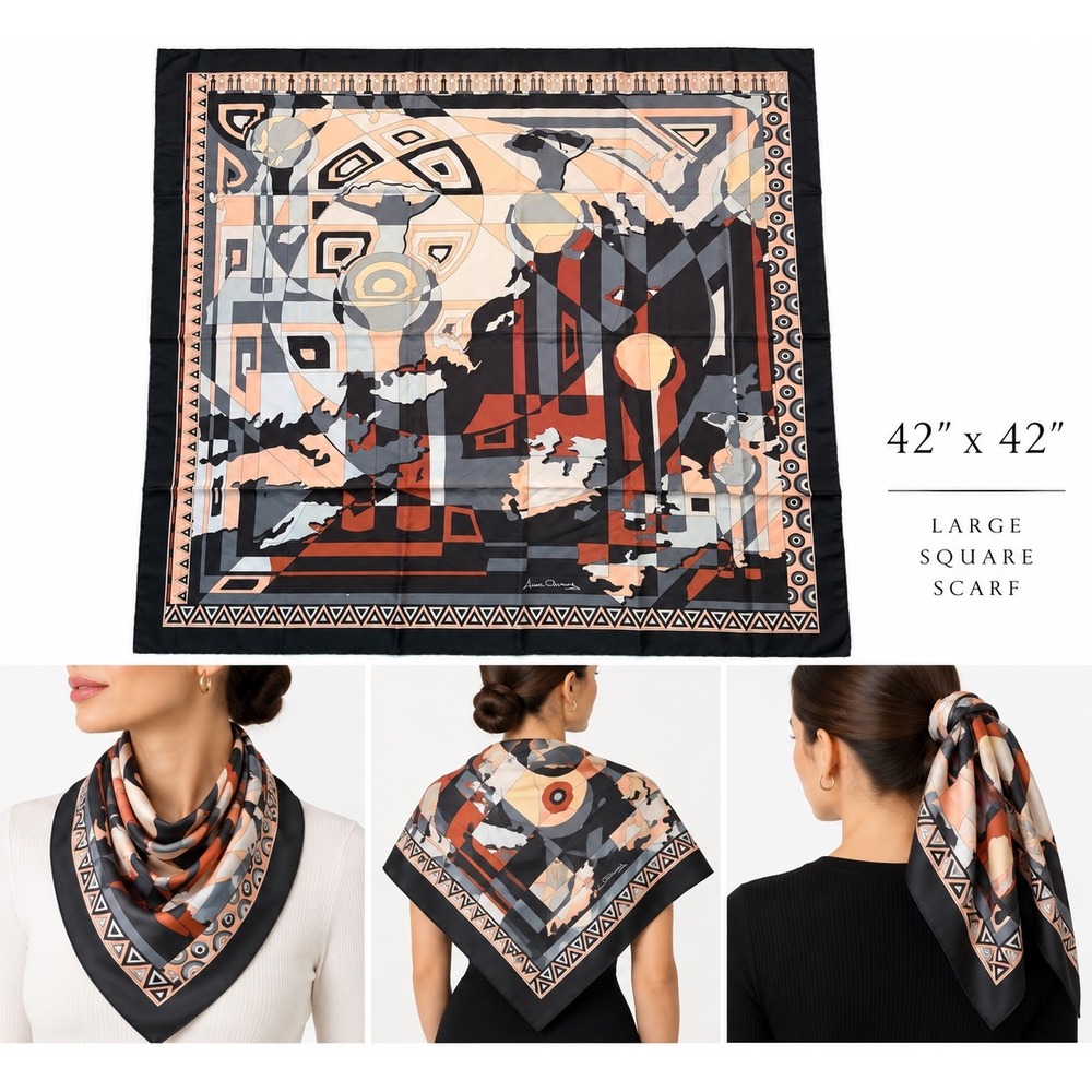 Anna Chromy The Silk Road Large 42x42 Silk Square Scarf Geometric Map Black Pink